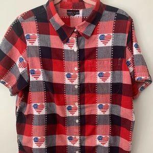 Plaid Patriotic Vintage Heart American Flag Button Down Collar Shirt checkered